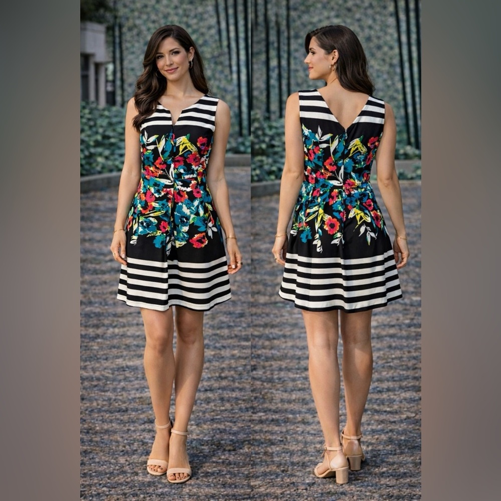 Tahari Dress Black Ivory Poppy 6 Floral Stripe Cotton A Line $128